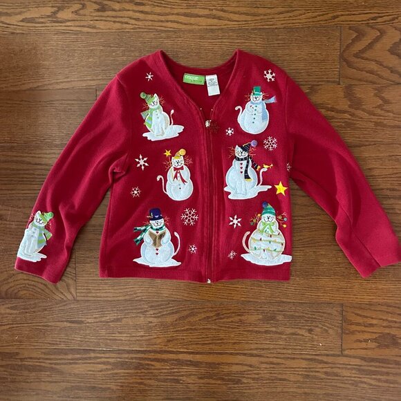 Vintage 80s Christmas CAT Full Zip Embroidered Sweater Size Petite Large Snowman - Picture 11 of 12